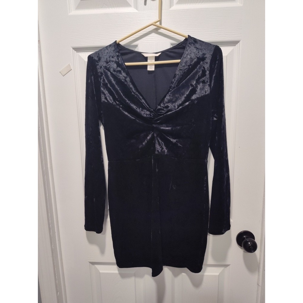 H&M Black Velvet Party Stretch Long‎ Sleeve Little Black Dress Bodycon Size S